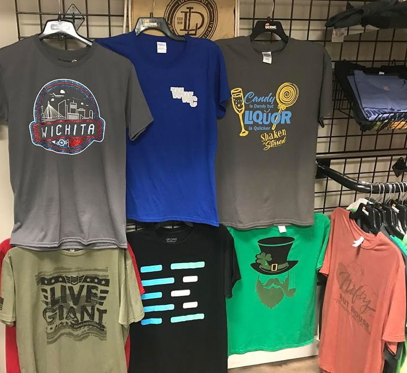 assortment of tshirts, tshirts, left chest, full front design, glitter, shaken and stirred, wwc, wichita kansas, live giant, key centrix, screen print life, screen printing, silk screen, nifty nut house, Company Branded T-Shirts